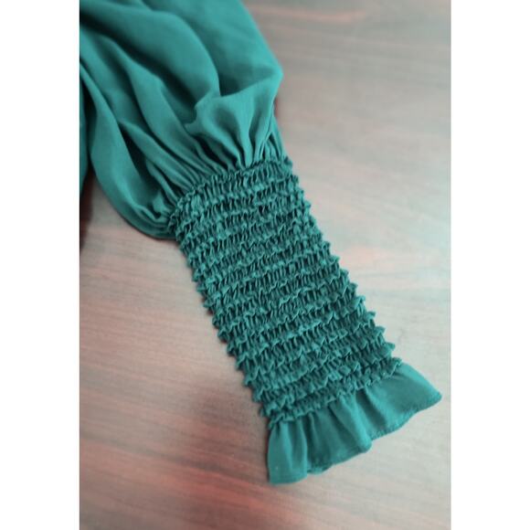 Ulla Johnson Lesli Silk Chiffon Blouse Women's Sz 6 Green Sheer Puff Sleeve Bow - Picture 8 of 14